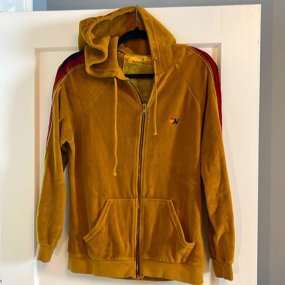 Aviator Nation Gold Velour Zip Up Hoodie Size M